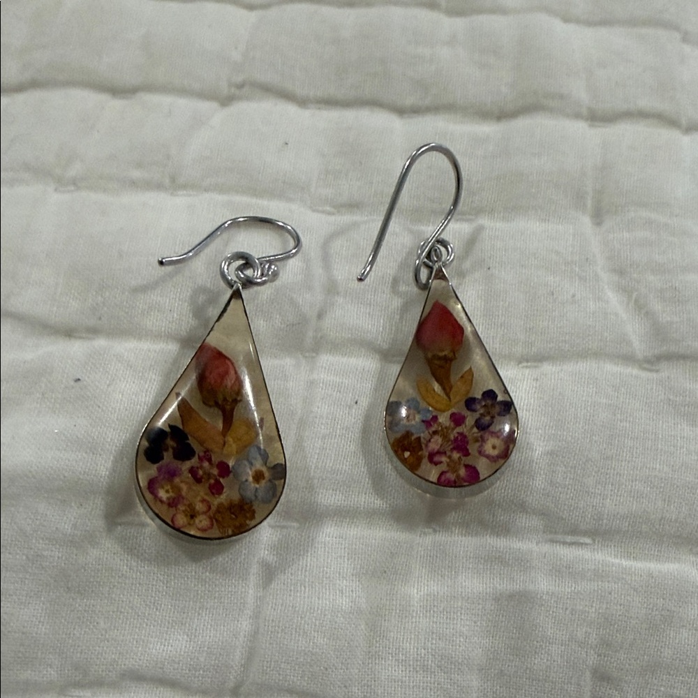 Taxco Teardrop Resin 925 Silver- Pink Rosebud and Multicolor Blossoms Earrings